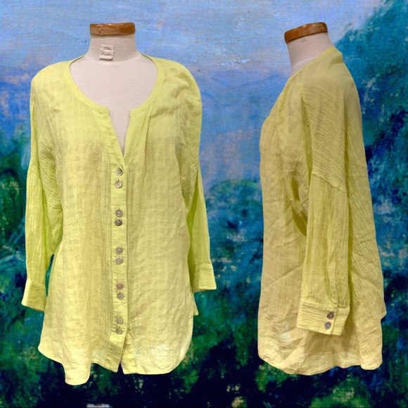 Soft Surroundings Lemon Yellow Linen Peasant Top